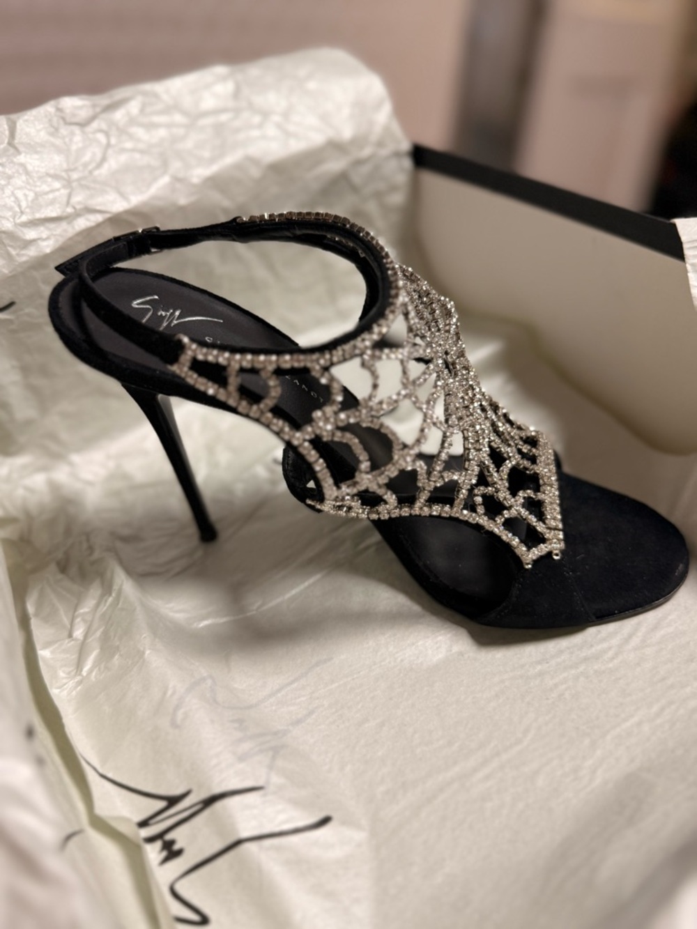Giuseppe Zanotti Crystal Heels Black – Luxury Designer Sandals Size 8.5 - Picture 8 of 11